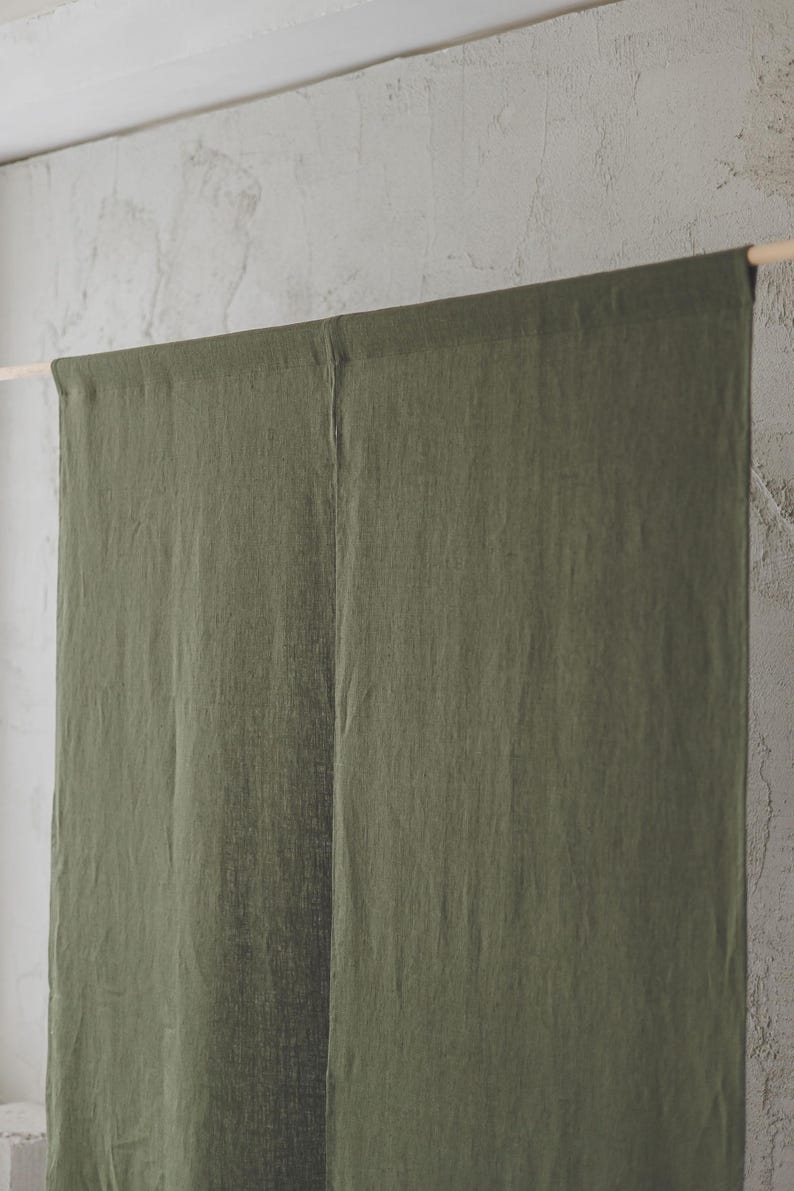 Forest Green Linen Noren Curtain, Handcrafted Japanese Room Divider, Elegant & Natural Home Decor, Eco-Friendly Linen Doorway Curtain. image 3