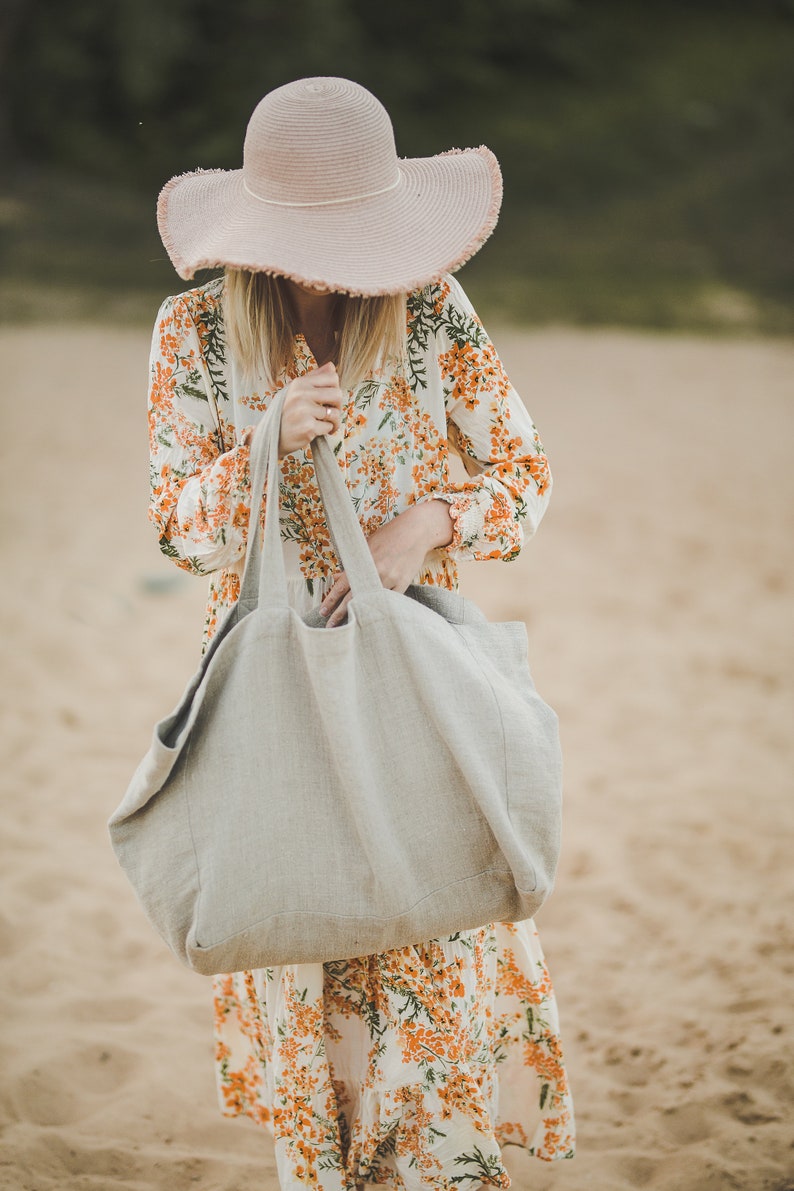 Große Leinen Strandtasche, Sommertasche aus natürlichem Leinen, Übergroße Leinentasche mit Futter, handgemachte Leinentasche, natürliche Strandtasche, Öko-Tasche. Bild 2