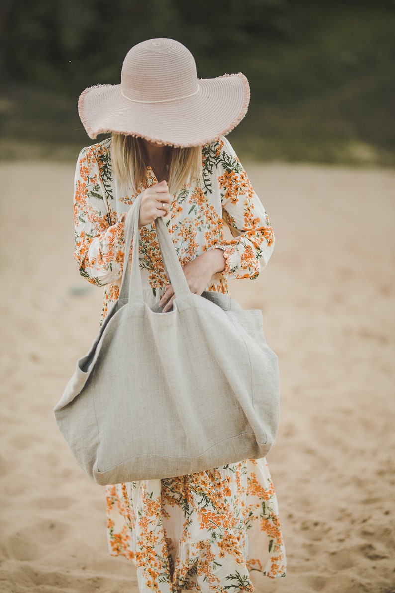 Large linen beach bag, Natural linen summer bag, Oversized linen bag with lining, Handmade linen tote bag, Natural beach bag, Eco bag. image 2