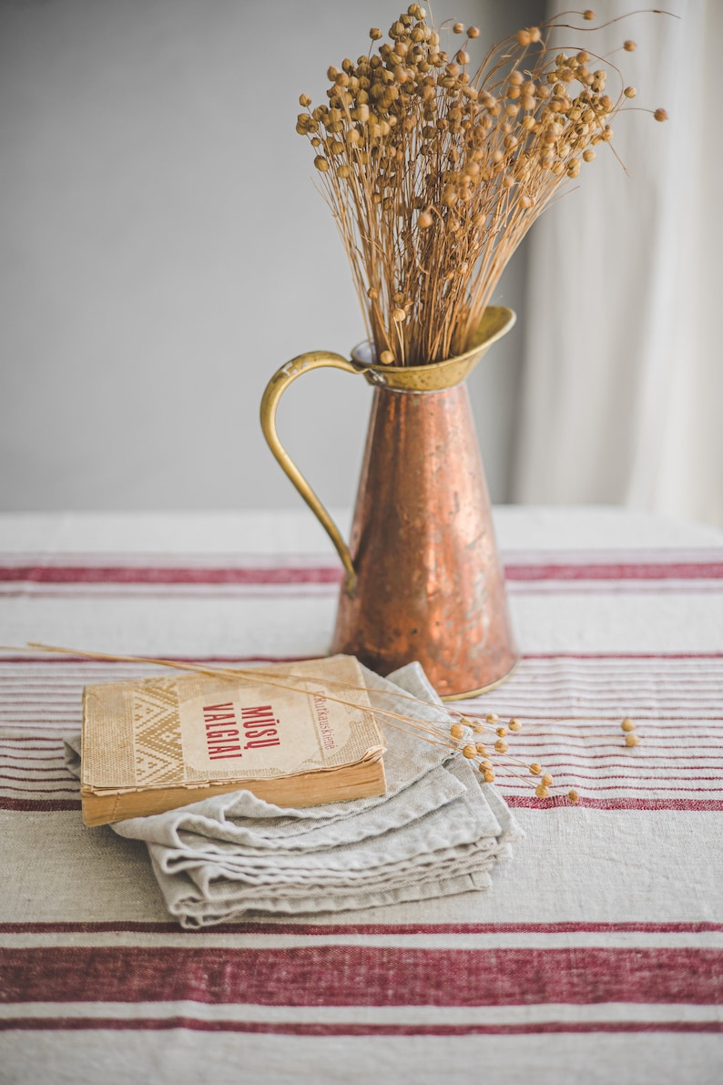 French style linen tablecloth, Washed natural linen tablecloth, Vintage linen tablecloth, Striped linen tablecloth in various colors. image 2