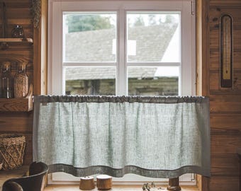 Frostiger grüner Leinen-Café-Vorhang - Semi-Privaty-Leinenvorhang, Stangentaschenvorhang für Küche, Bauernhaus, Cottage, französisches Landhausdekor.