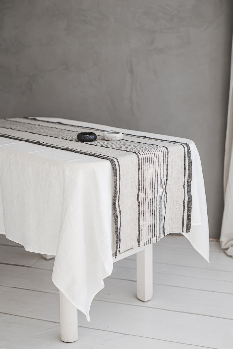 French style linen table runner, Striped linen table runner, Heavyweight natural linen table runner, Handmade washed linen table runner. image 4