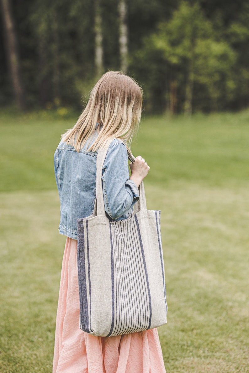 French style linen tote bag, Linen summer bag, Striped linen bag in various colors, Custom linen bag, Natural linen bag for women and men. image 2