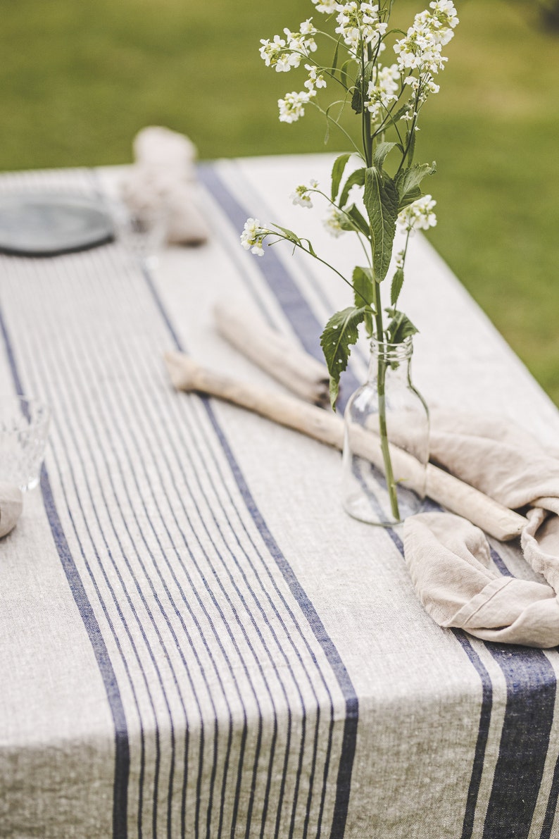 Striped linen tablecloth, French style linen tablecloth, Washed heavyweight linen tablecloth, Vintage linen tablecloth in various colors. image 3