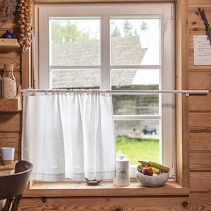 Natural Sheer Linen Café Curtain – Light Filtering Window Panel with Rod Pocket – Farmhouse Curtain for Kitchen, Bathroom, or Breakfast Nook