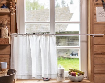Natural Sheer Linen Café Curtain – Light Filtering Window Panel with Rod Pocket – Farmhouse Curtain for Kitchen, Bathroom, or Breakfast Nook