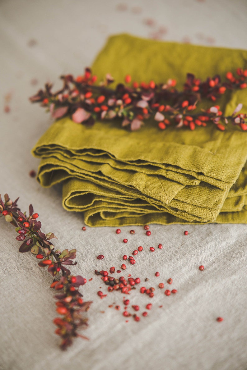 Natural linen napkins, Washed heavyweight linen napkins in various colors, Dining table napkins, Rustic linen napkins with mitered corners. Olive