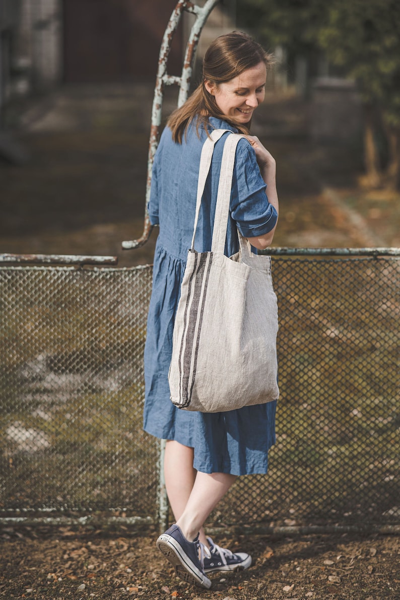 Natural linen tote bag with cherry red stripes, French style linen shoulder bag, Handmade linen summer bag, Thick linen shopping bag. Black stripes