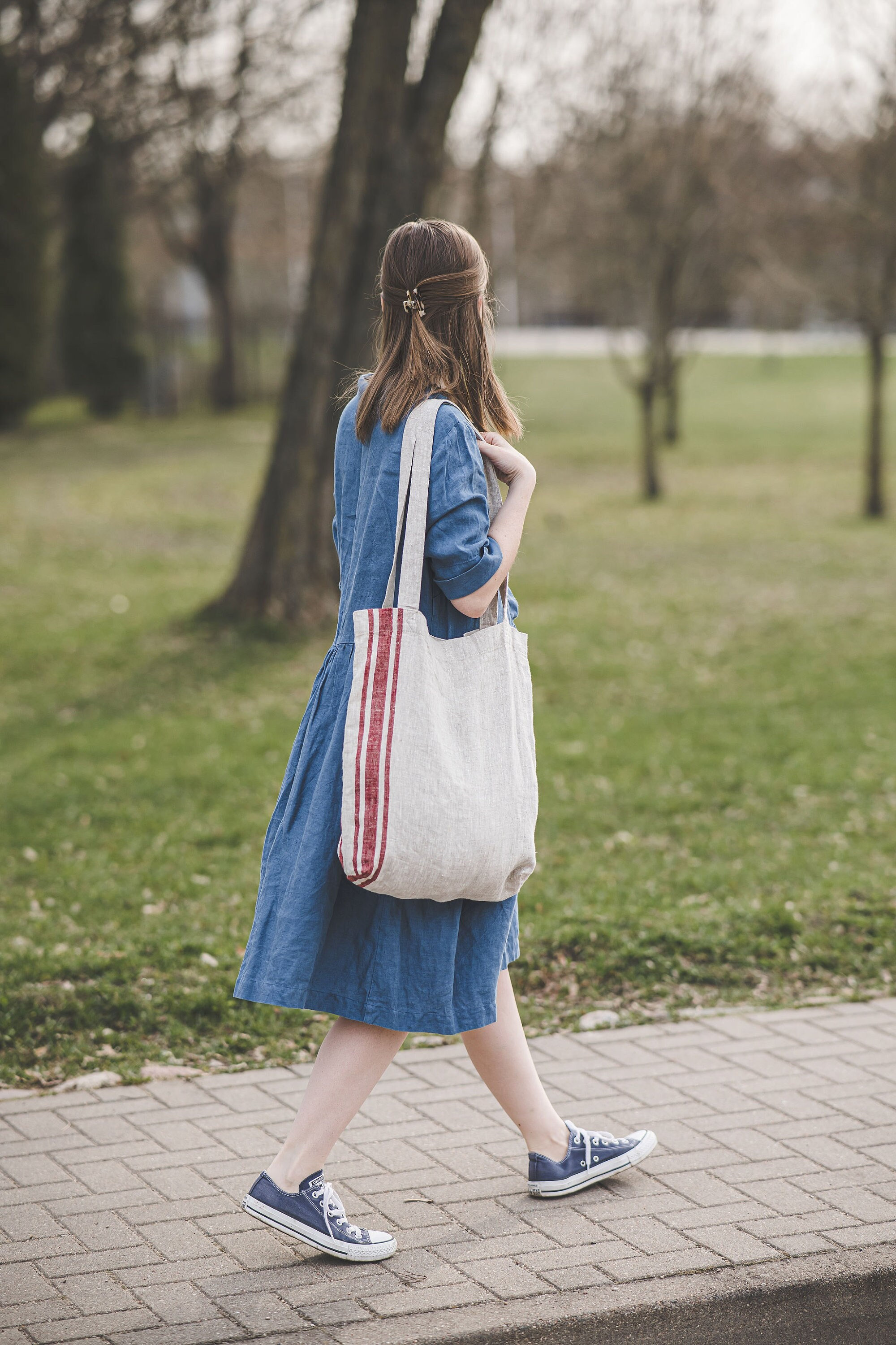 Natural Linen Tote Bag With Cherry Red Stripes, French Style Linen