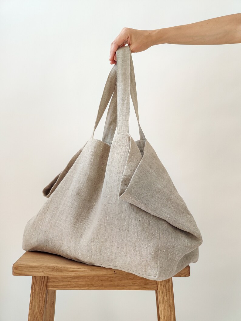 Large linen bag Natural/undyed linen beach bag Handmade Etsy