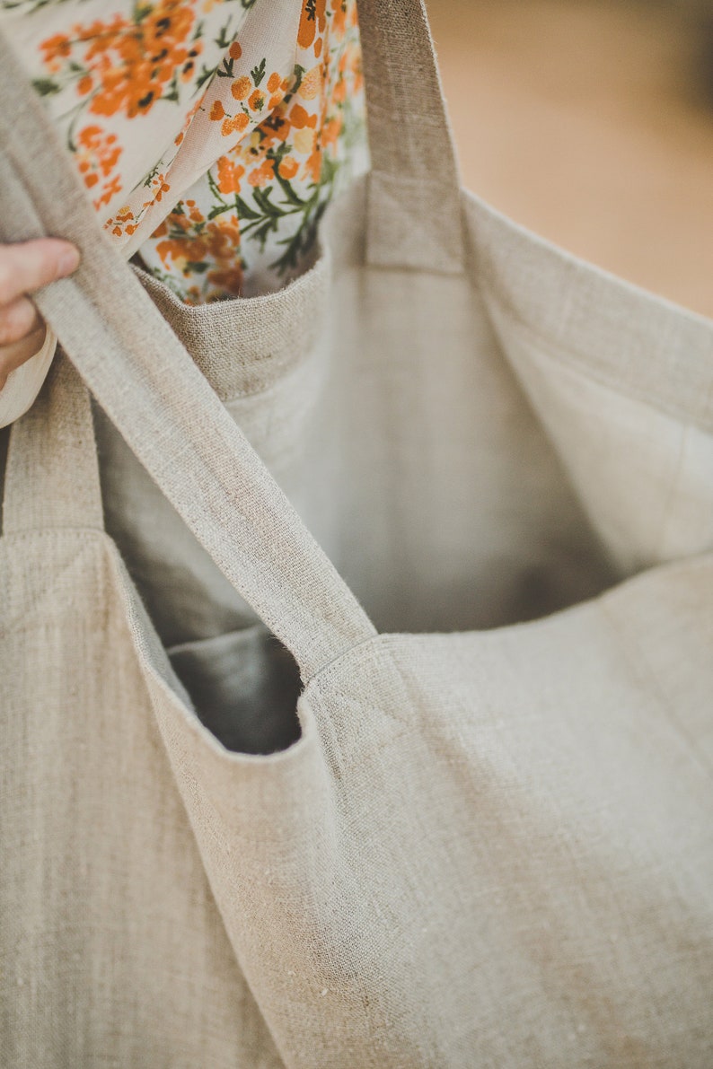 Große Leinen Strandtasche, Sommertasche aus natürlichem Leinen, Übergroße Leinentasche mit Futter, handgemachte Leinentasche, natürliche Strandtasche, Öko-Tasche. Bild 5