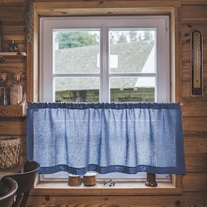 Denim Blue Linen Café Curtain - Semi-Privacy Rod Pocket Kitchen Linen Curtain, Modern Farmhouse Style, Light Filtering Window Treatment.