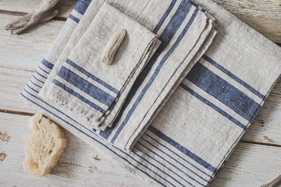 Handmade striped linen towel / Linen bath towel / Fringed linen hand towel  / Thick striped linen towels / Linen rustic towel / yoga towel