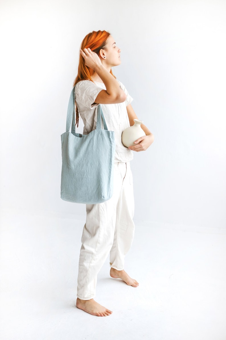 Light blue linen tote bag, Natural linen bag for everyday use, Sky blue linen bag, Ocean tote bag, Casual linen bag for women, Eco bag. image 1