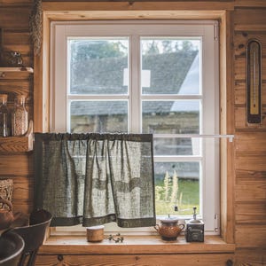 Forest Green Linen Café Curtain - Rustic Linen Kitchen Curtain, Rod Pocket Window Panel, Country Style Curtain, Cottagecore, Farmhouse Decor