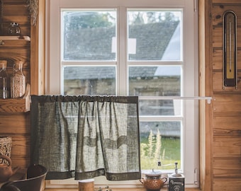 Cortina de lino verde bosque para cafetería: cortina rústica de lino para cocina, panel para ventana con bolsillo para varilla, cortina de estilo campestre, decoración estilo cottagecore, estilo rústico