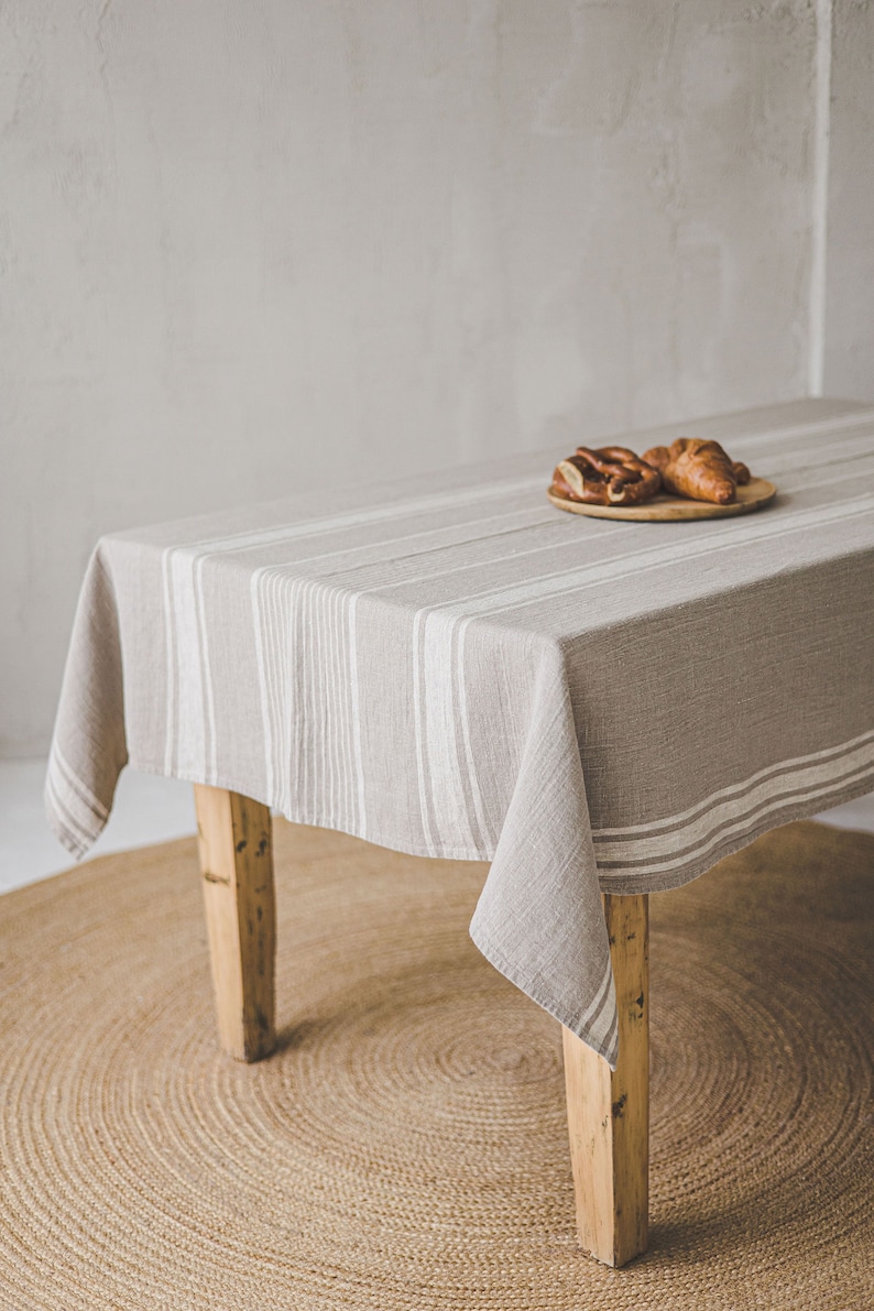 French style linen tablecloth, Washed natural linen tablecloth, Vintage linen tablecloth, Striped linen tablecloth in various colors. image 9