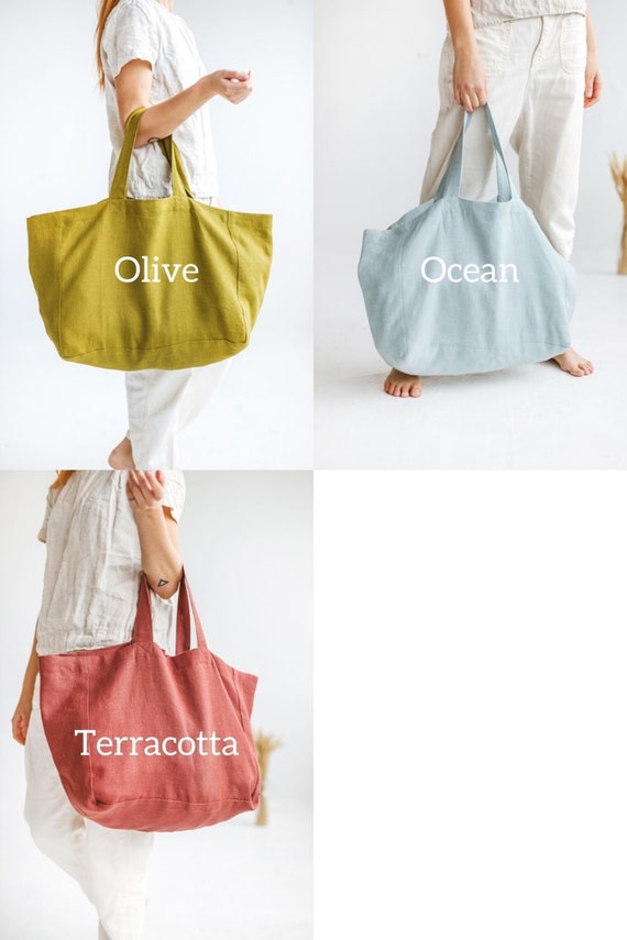 【emis】24HS新作★ LINEN BEACH BAG Linen Beach Bag in Olive Green, Large Linen Bag With Lining