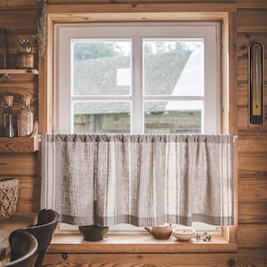French Style Linen Café Curtain, Classic Natural Striped Linen Curtain, Farmhouse Heavyweight Linen Window Covering for Kitchen, Home Décor.