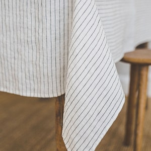 White linen tablecloth with black stripes, Handmade natural linen tablecloth, Rectangle, square tablecloth, Linen tablecloth for home decor. image 2