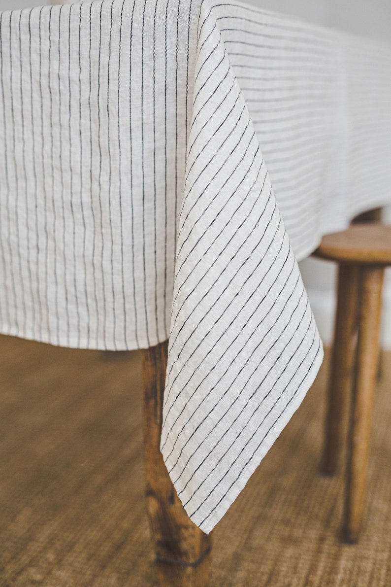 White linen tablecloth with black stripes, Handmade natural linen tablecloth, Rectangle, square tablecloth, Linen tablecloth for home decor. image 2