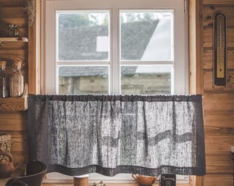 Handmade Linen Café Curtain – Rustic Heavyweight Natural Linen Curtain for Kitchen Window Styling, Dining Room Spaces & Custom Size Interior