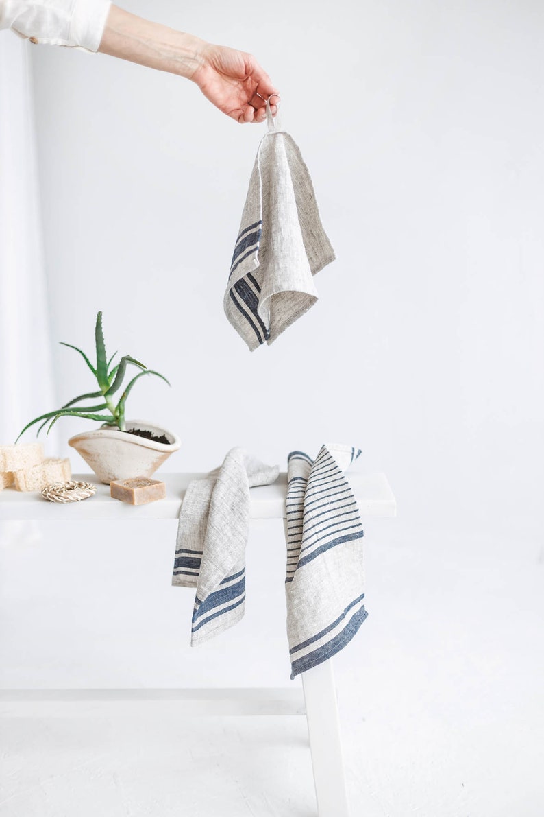 French style linen towels set of 2, Linen kitchen towels with loop, Thick linen hand towels, Rustic linen tea towels in various colors. image 9