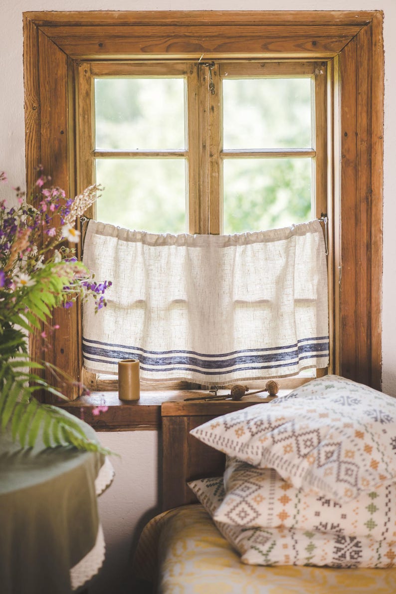 French Country Linen Café Curtains - 100% Natural Linen, Striped ...