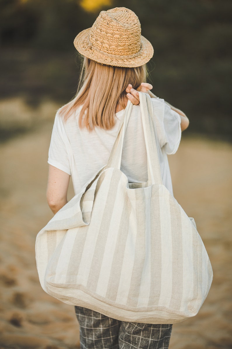 Linen beach bag, Oversized beach bag with pockets, White linen bag, Natural summer bag, Linen shoulder bag, Oversized tote bag, Eco bag. image 3