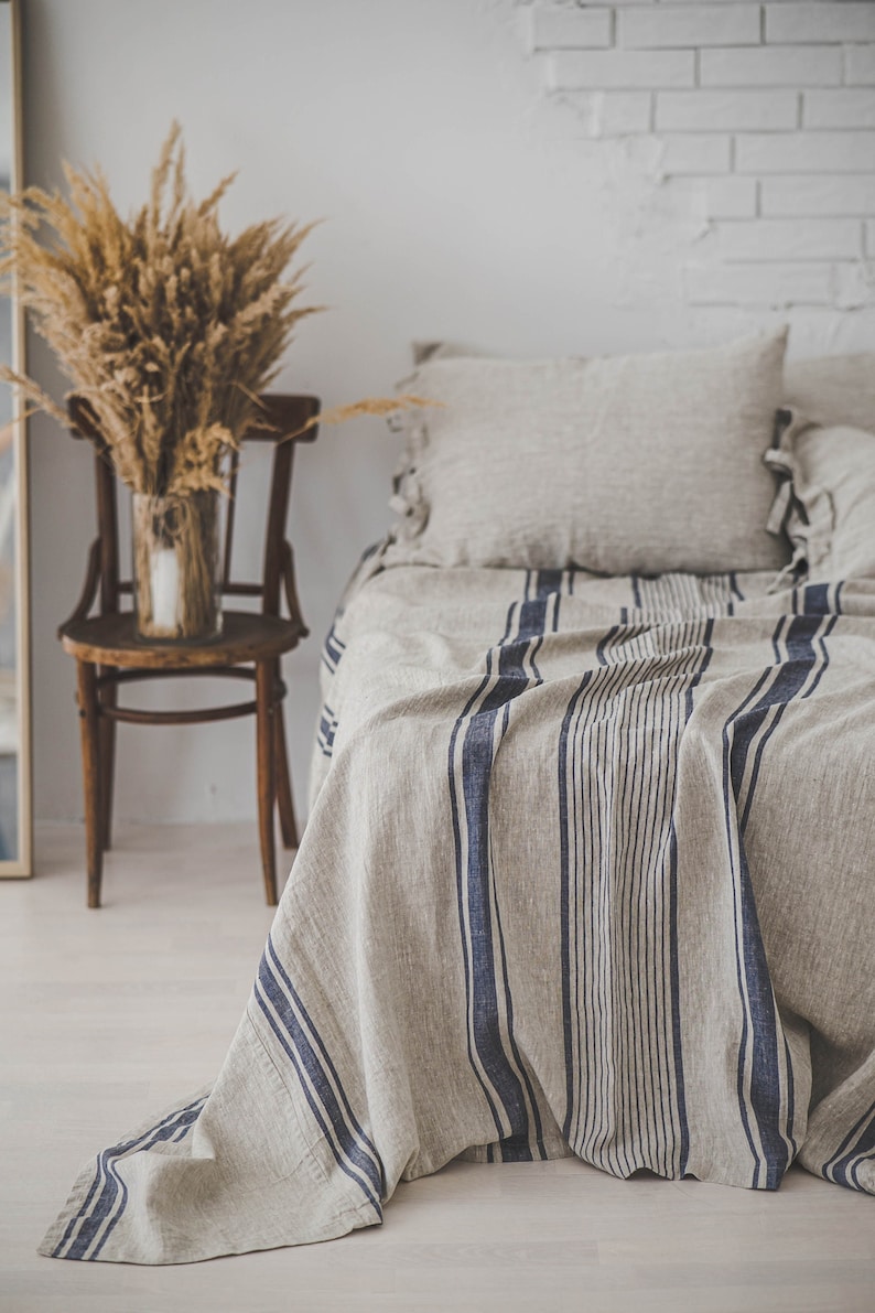 Couvre-lit en lin à la française de différentes couleurs, couvre-lit en lin vintage, jeté de lit en lin à rayures, couvre-lit en lin biologique, couvre-lit rustique. image 1