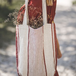 French style linen tote bag, Linen summer bag, Striped linen bag in various colors, Custom linen bag, Natural linen bag for women and men. Cherry red stripes