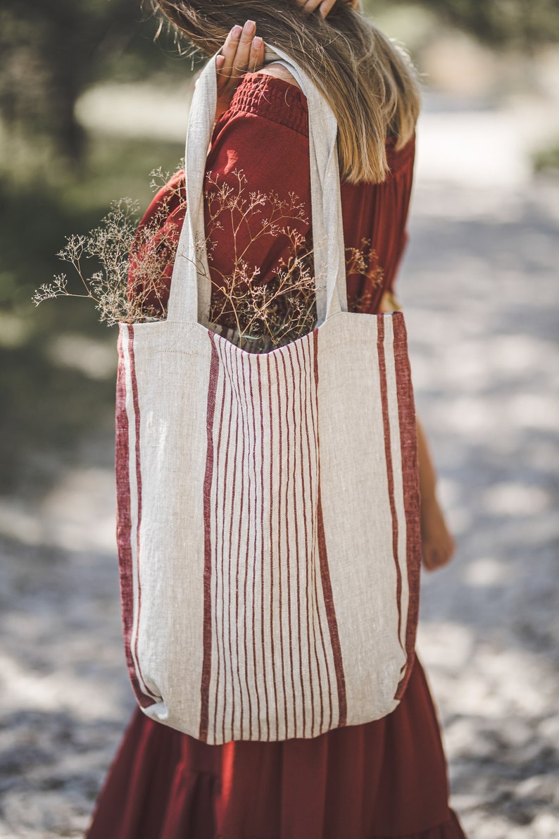 French style linen tote bag, Linen summer bag, Striped linen bag in various colors, Custom linen bag, Natural linen bag for women and men. Cherry red stripes