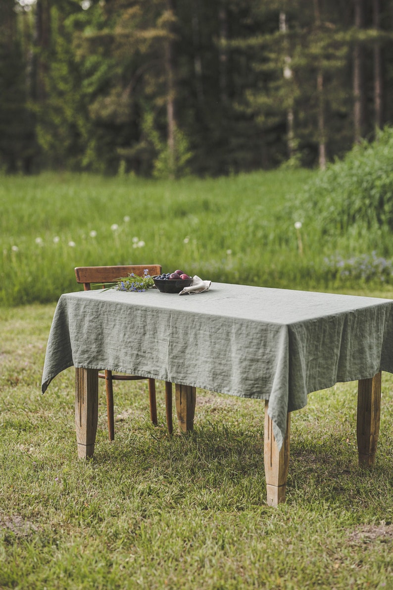 Linen tablecloth in gray green, Farm style tablecloth, Softened linen tablecloth, Custom linen tablecloth, Country style linen tablecloth. image 2