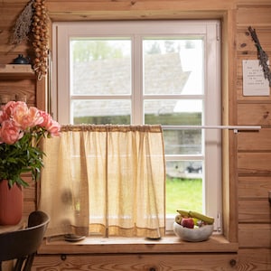 Rod Pocket Sheer Linen Café Curtain, Natural Light Window Panel for Kitchen, Bathroom, or Cottage – Handmade Linen Curtain for Small Windows