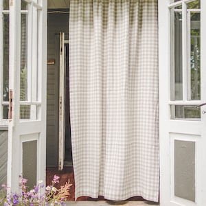 White/natural checkered linen curtain for rustic charm, Handmade natural softened linen curtain panel, Custom length rod pocket curtain.