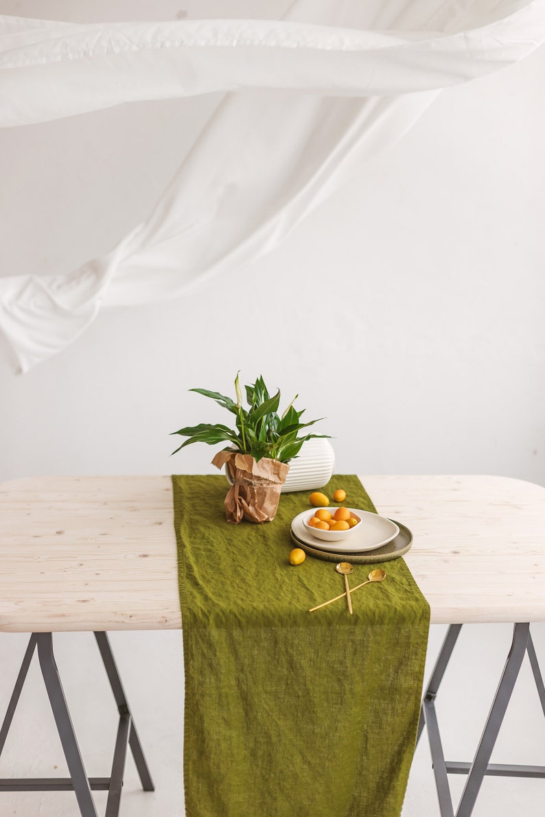 Linen table runner in moss green, Washed softened linen table runner, Handmade table runner, Natural linen table decor, Dining table runner. image 5