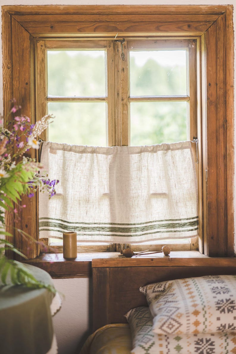 French Country Linen Café Curtains - 100% Natural Linen, Striped ...