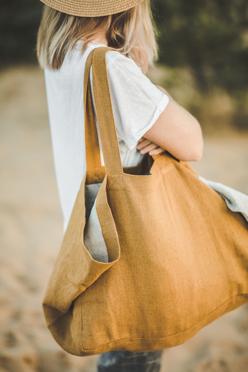 Forest green linen beach bag, Natural linen summer bag with lining, Oversized linen shoulder bag, Large handmade linen tote bag, Eco bag. image 9