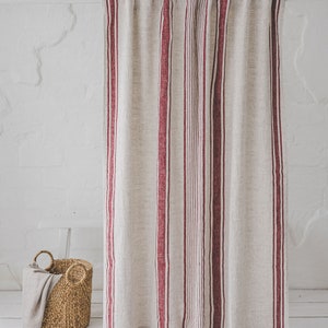 French style linen curtain with cherry red stripes, Natural heavyweight linen curtain, Farmhouse rustic linen curtain, Rod pocket curtain. image 2