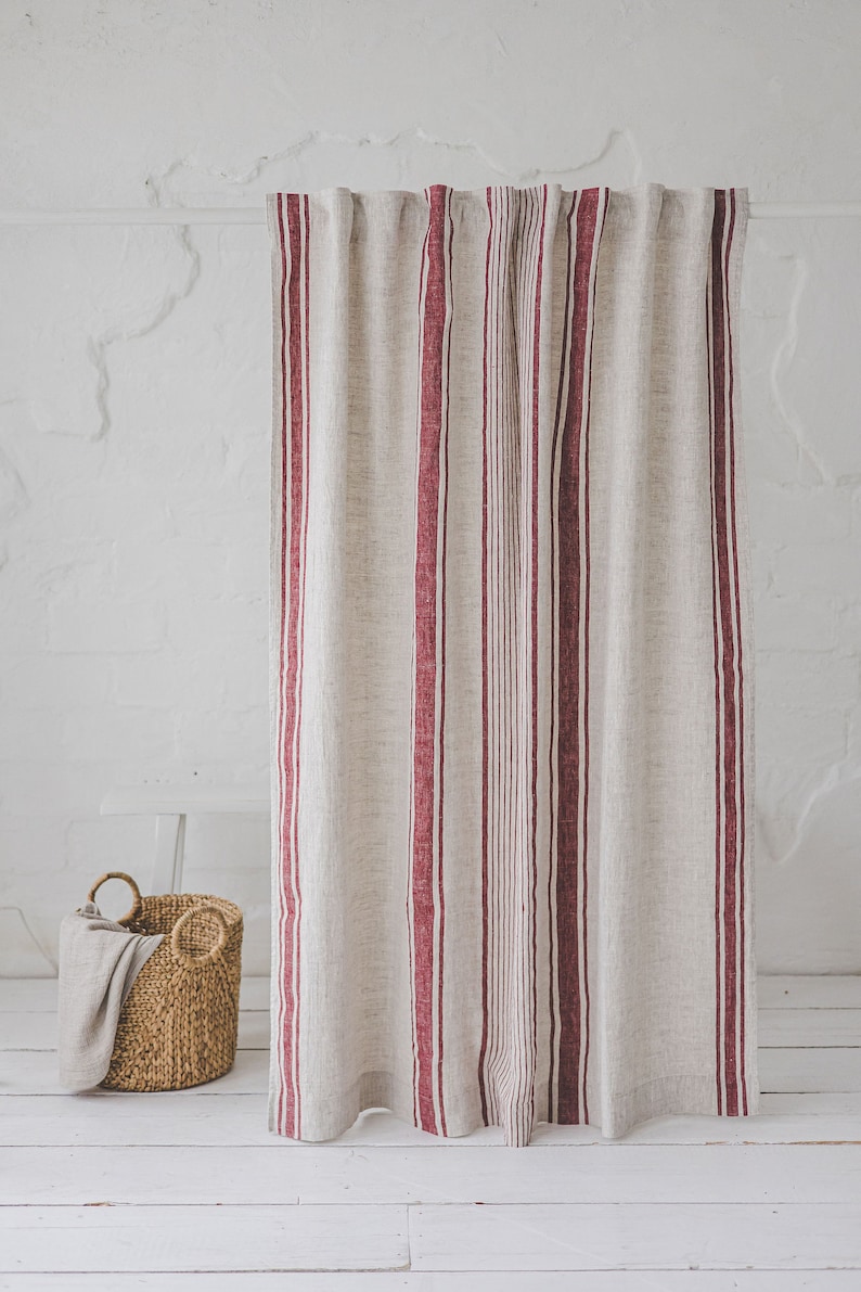 French style linen curtain with cherry red stripes, Natural heavyweight linen curtain, Farmhouse rustic linen curtain, Rod pocket curtain. image 2