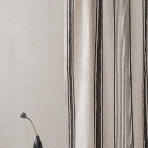 French style linen curtain with cherry red stripes, Natural heavyweight linen curtain, Farmhouse rustic linen curtain, Rod pocket curtain. image 7