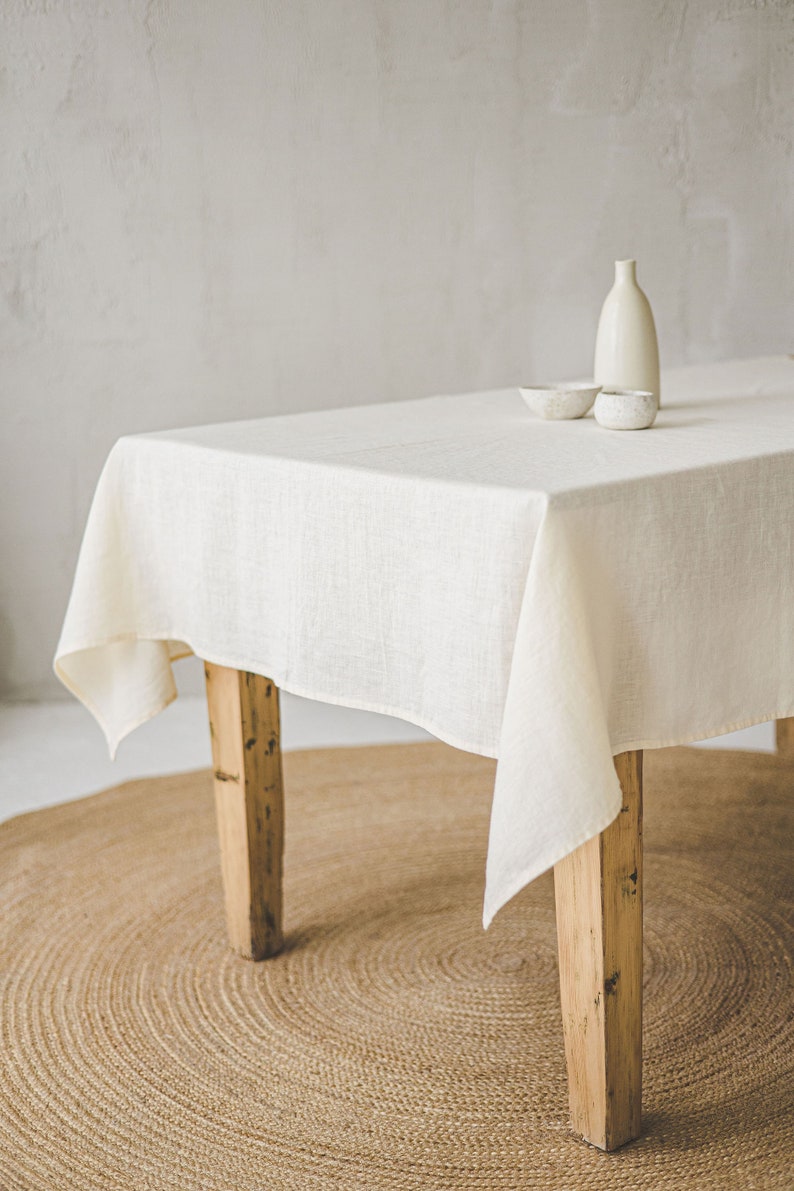 White linen tablecloth with black stripes, Handmade natural linen tablecloth, Rectangle, square tablecloth, Linen tablecloth for home decor. image 5
