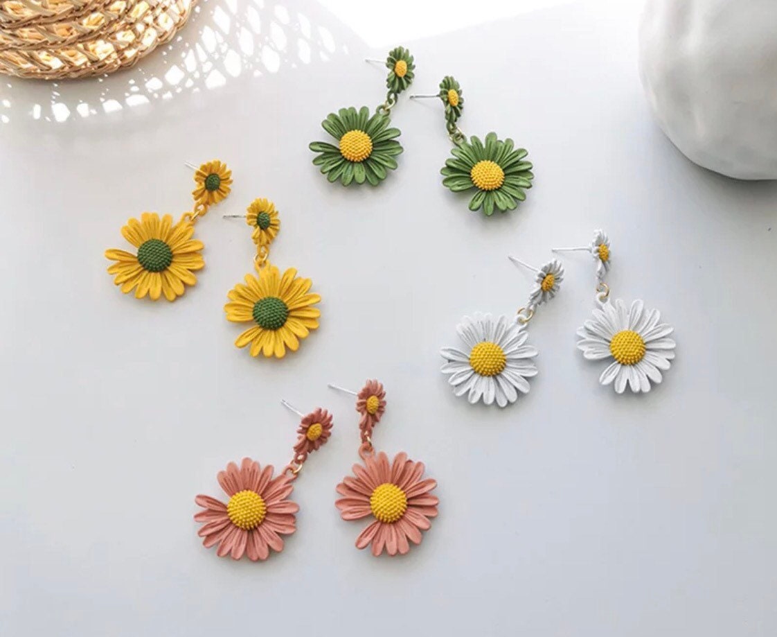 Daisy flower earring drop dangle matte painted yellow ...