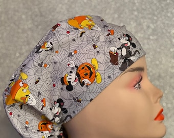 Halloween Mickey & Friends Trick or Treat Euro Style Scrub Cap, Nurse Scrub Cap, Chemo Cap, Foodservice, Healthcare Worker
