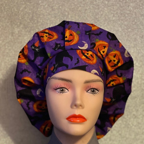 Black Cats & Pumpkins Bouffant Style Scrub Cap, Nurse Scrub Cap, Chemo Cap, Foodservice, Healthcare Worker