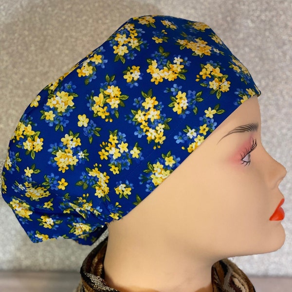 Blue with yellow flowers - Euro Style Nurse hat, Surgical scrub hat, Medical scrub cap