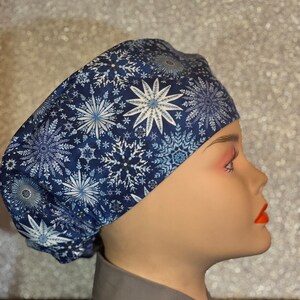 Christmas Blue Stars Euro Style Scrub Cap, Nurse Scrub Cap, Chemo Cap, Foodservice, Healthcare Worker