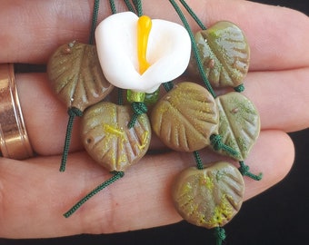 Lampwork Glass Leaf Bead: Avocado Green Enamel, Handmade Italian Glass