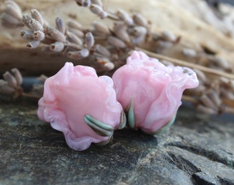 Lampwork Pink Rose Beads, Flower Glass Beads, Handmade Rose Beads, Pink Lily Beads, 1pc, SRA