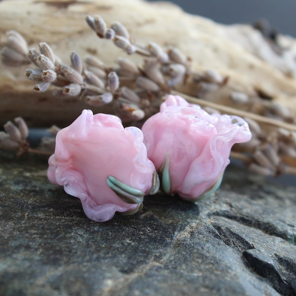 Lampwork Pink Rose Beads, Flower Glass Beads, Handmade Rose Beads, Pink Lily Beads, 1pc, SRA